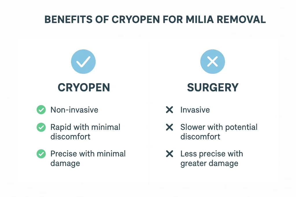 Benefits of cryopen for milia removal Malvern Wells compared to surgical treatments.