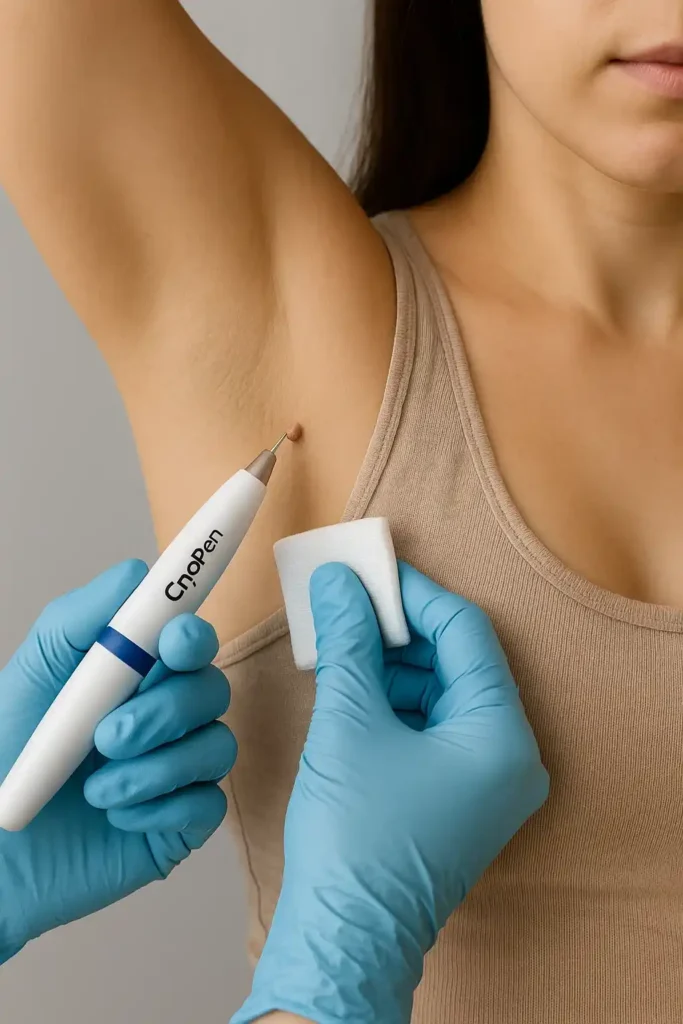 woman having cryopen to remove underarm skin tags Malvern Wells