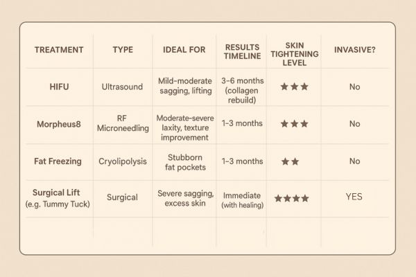 Table showing the comparisons of Skin tightening Malvern Wells treatment options.